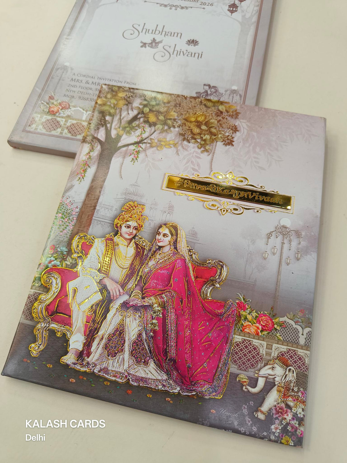 KLB614 Dulha Dulhan Design Padding Hardboard Thick Wedding Card (2 Page and Couple Name Acrylic Mirror)-Kalash Cards