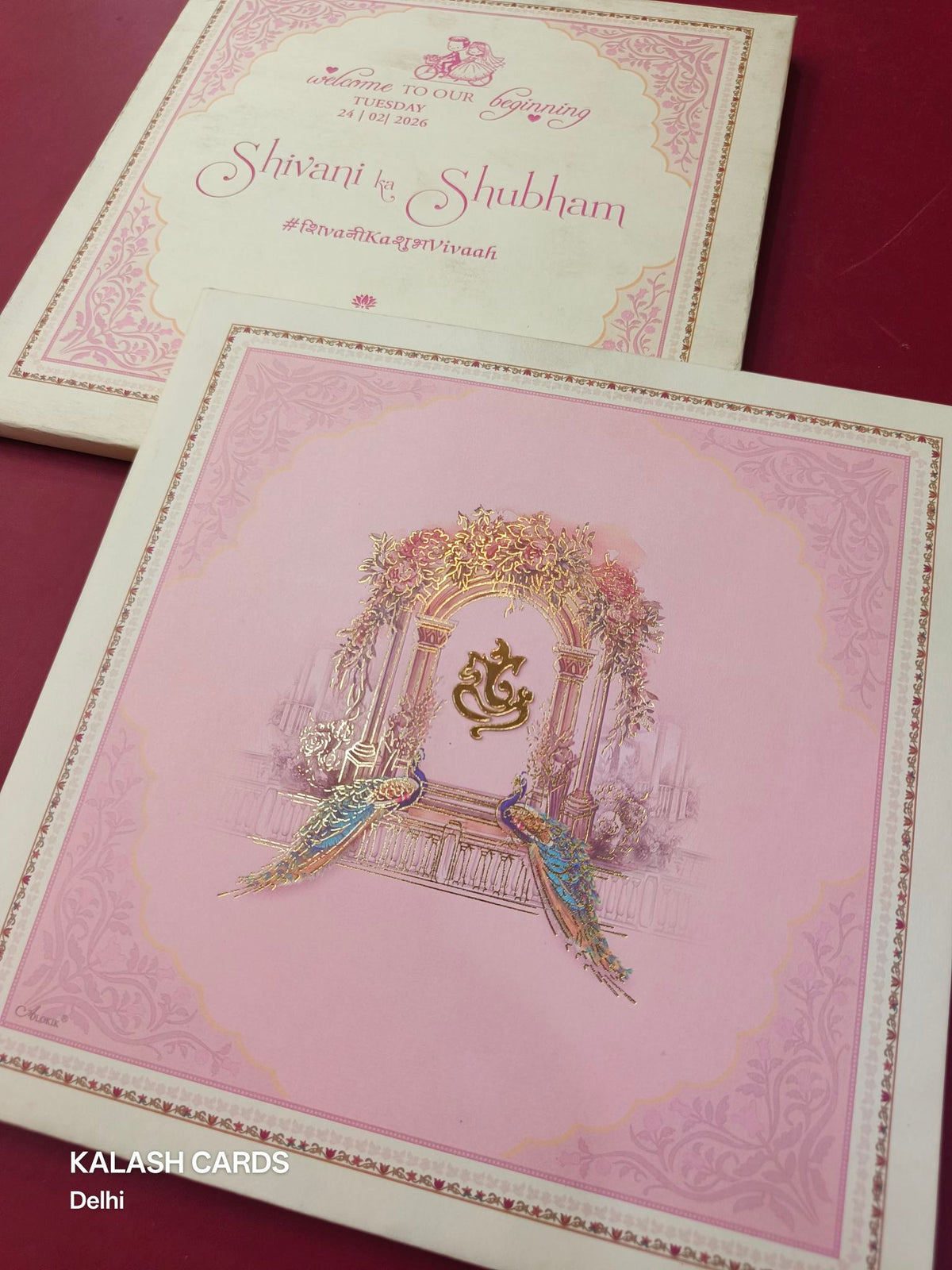 KLB620 Royal Peacock Arch Theme Padding Hardboard Thick Wedding Card (2 Page)-Kalash Cards