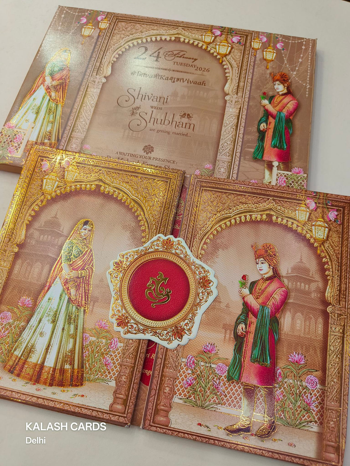 KLB624 Traditional Raja Rani Design Padding Hardboard Thick Wedding Card (2 Page)-Kalash Cards