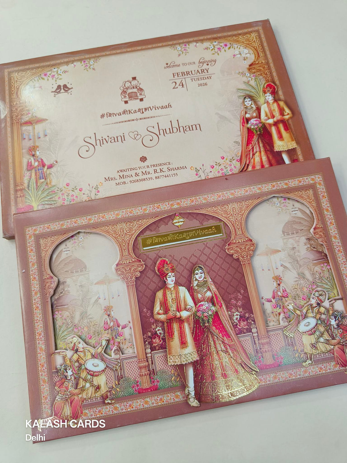 KLB626 Laser Cut Raja Rani Theme Padding Hardboard Thick Wedding Card (2 Page & Couple Name Acrylic Mirror)-Kalash Cards