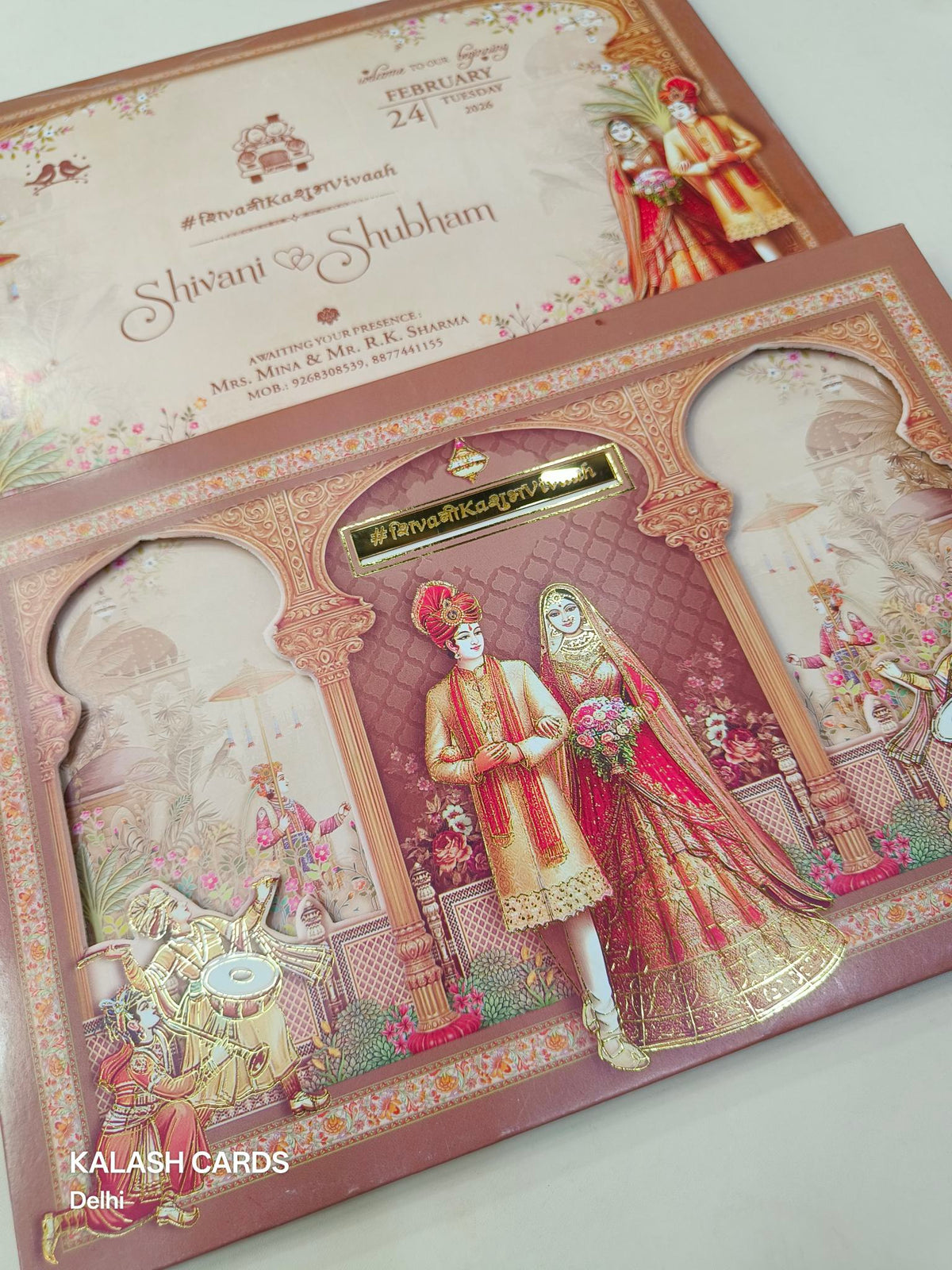 KLB626 Laser Cut Raja Rani Theme Padding Hardboard Thick Wedding Card (2 Page & Couple Name Acrylic Mirror)-Kalash Cards