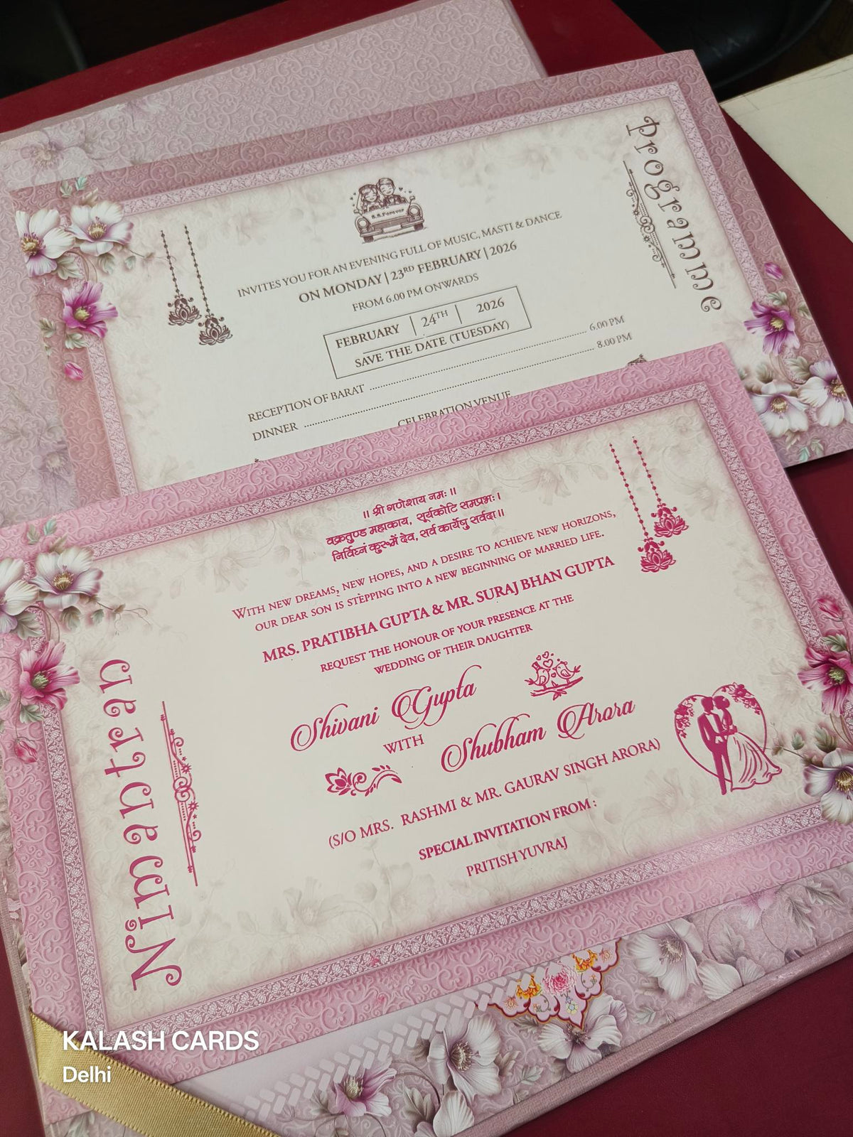 KLB627 Laser Cut Floral Border Design Padding Hardboard Thick Wedding Card (2 Page & Couple Name Acrylic Mirror)-Kalash Cards