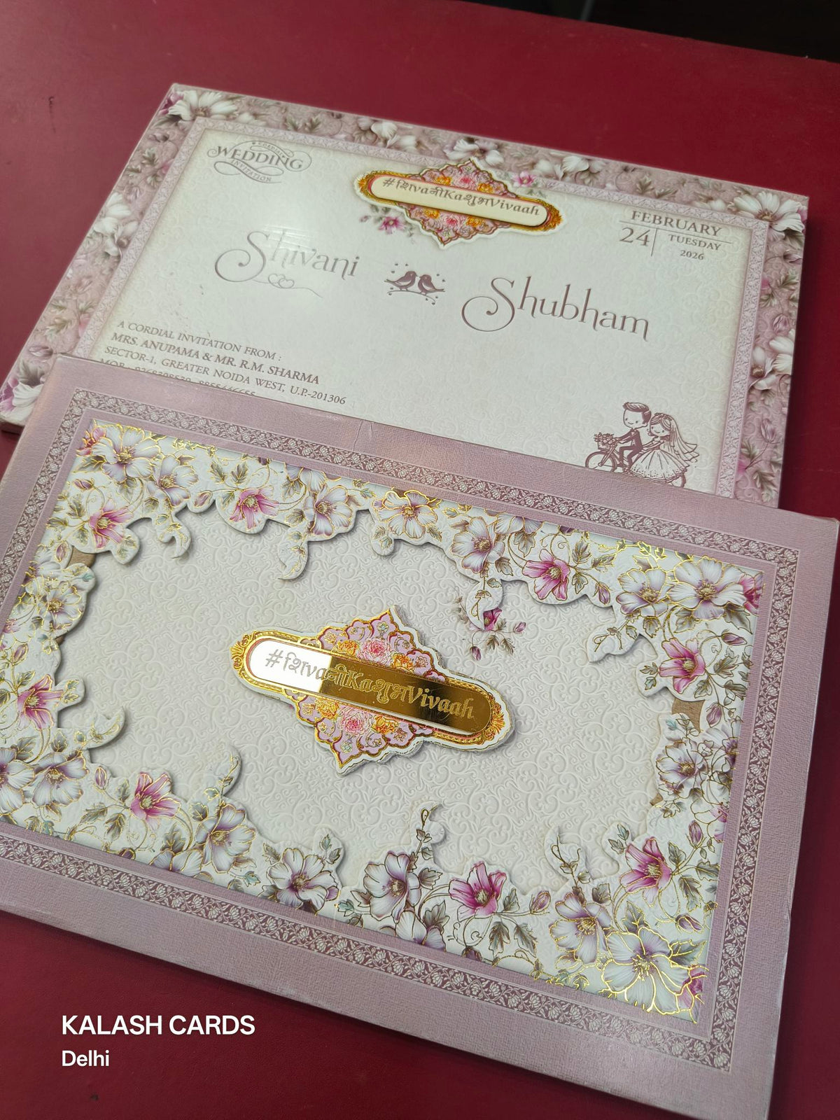 KLB627 Laser Cut Floral Border Design Padding Hardboard Thick Wedding Card (2 Page & Couple Name Acrylic Mirror)-Kalash Cards