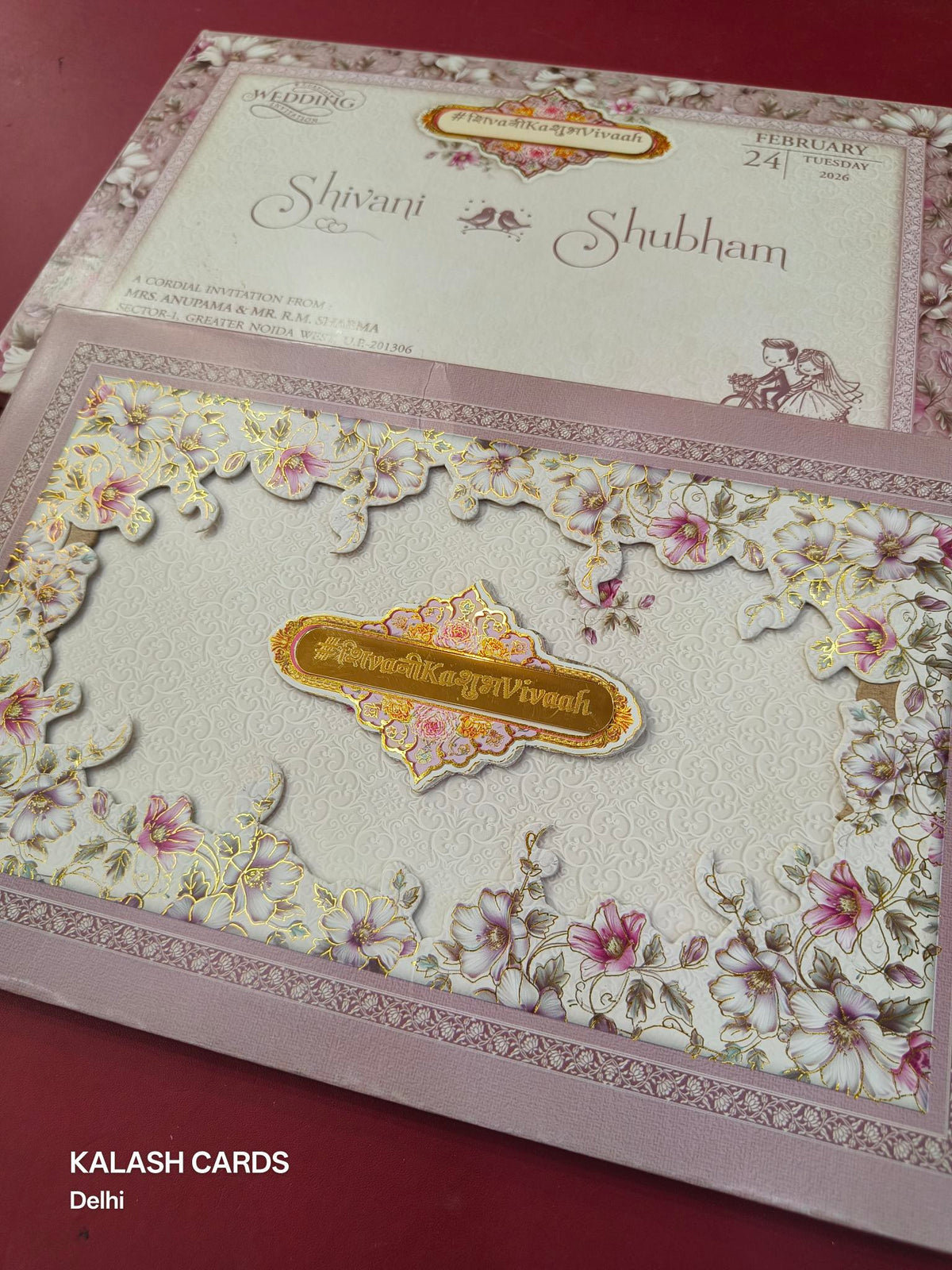 KLB627 Laser Cut Floral Border Design Padding Hardboard Thick Wedding Card (2 Page & Couple Name Acrylic Mirror)-Kalash Cards