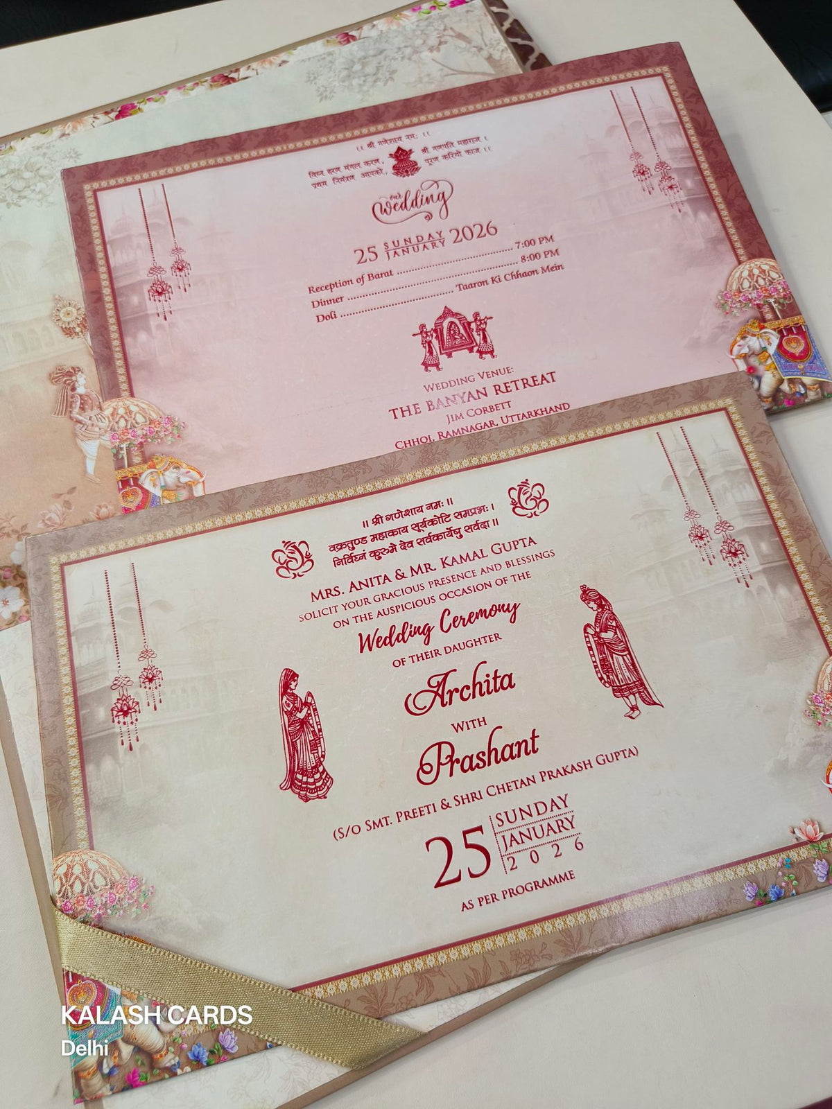 KLB628 Laser Cut Raja Rani Barat Theme Padding Hardboard Thick Wedding Card (2 Thick Page & 1 Couple Name Plate)-Kalash Cards