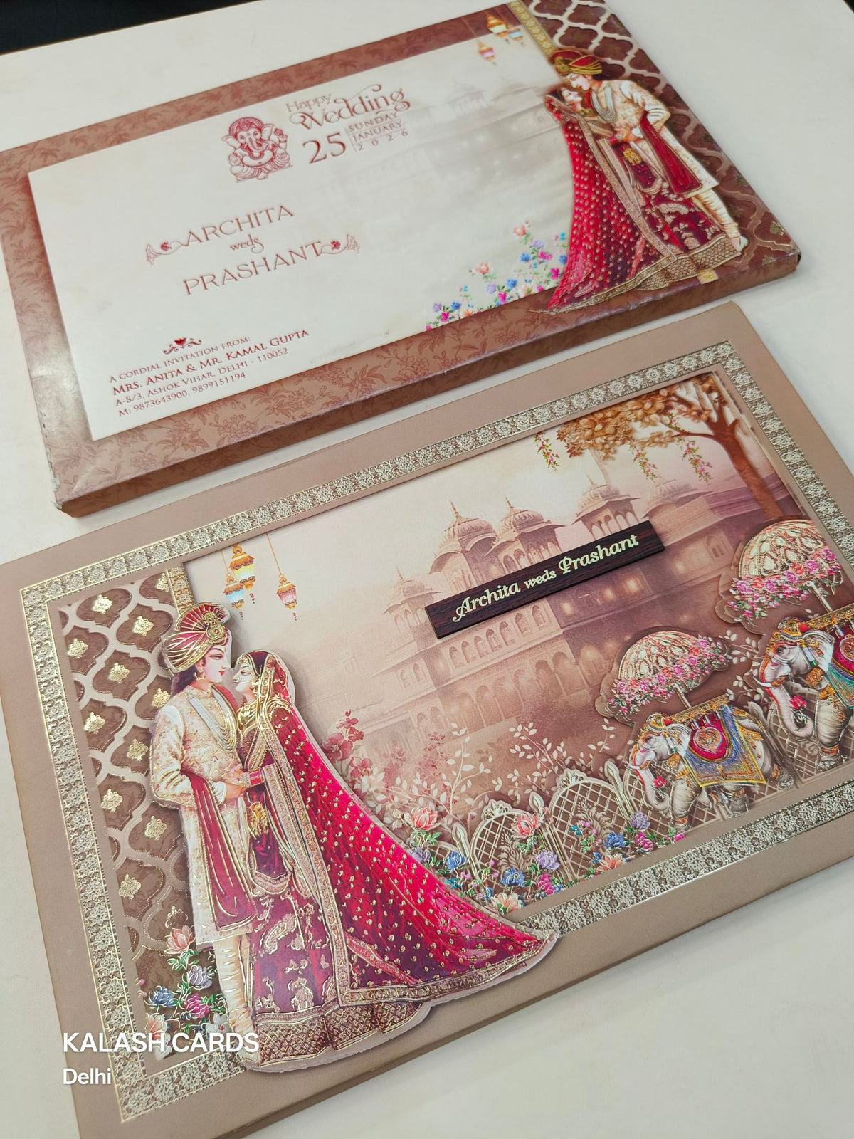 KLB628 Laser Cut Raja Rani Barat Theme Padding Hardboard Thick Wedding Card (2 Thick Page & 1 Couple Name Plate)-Kalash Cards