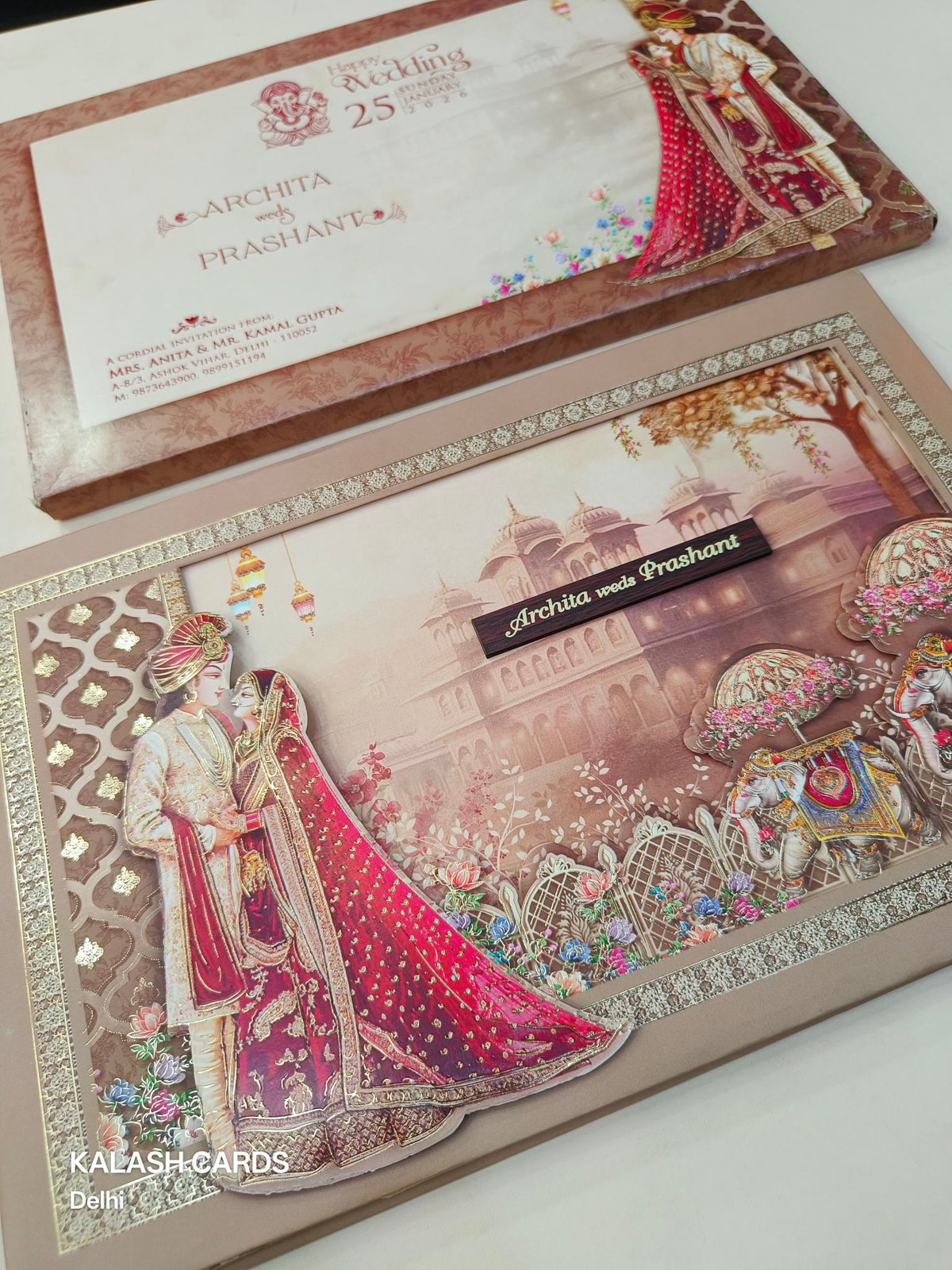 KLB628 Laser Cut Raja Rani Barat Theme Padding Hardboard Thick Wedding Card (2 Thick Page & 1 Couple Name Plate)-Kalash Cards