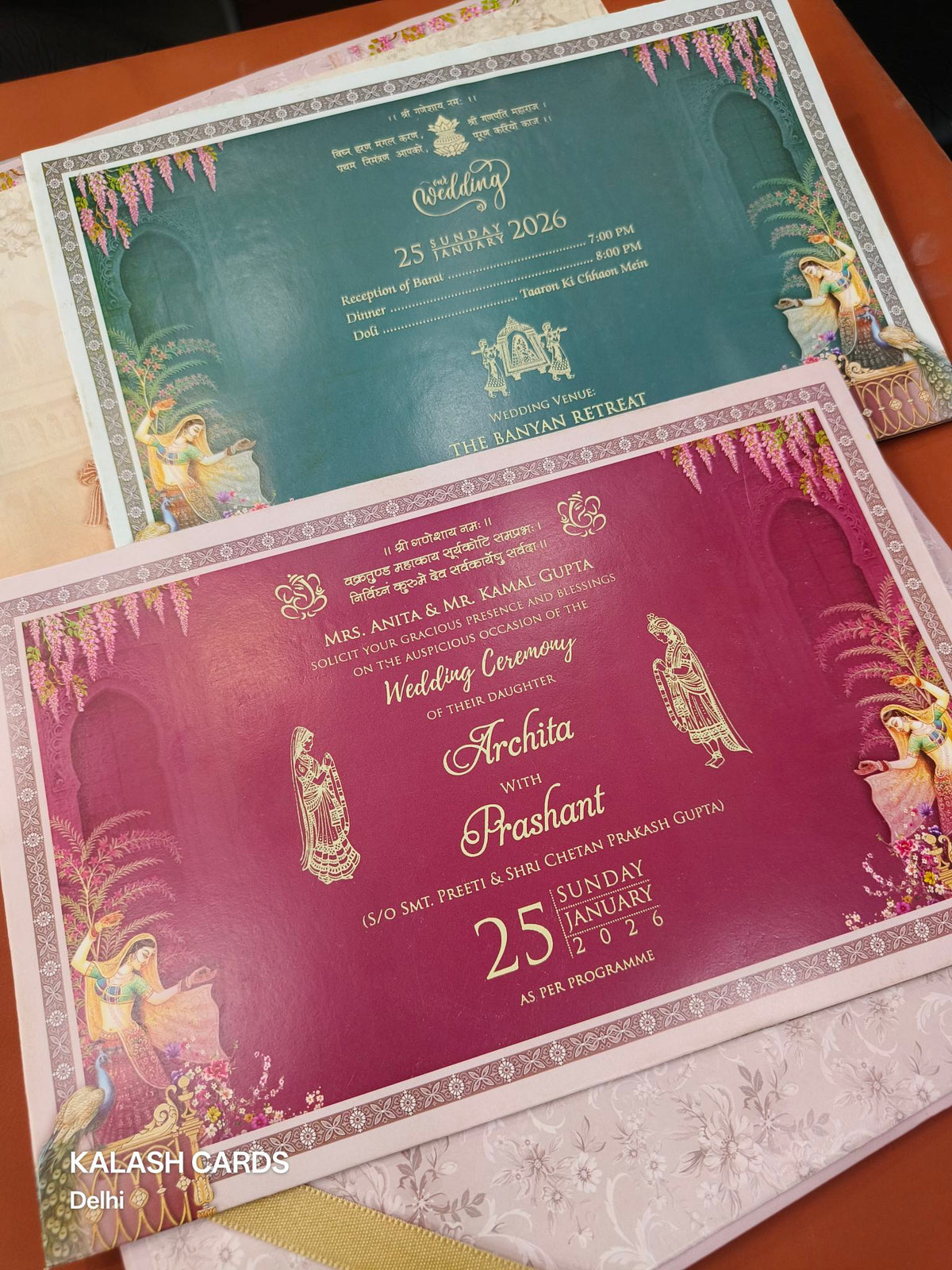 KLB629 Royal Barat Theme Padding Hardboard Thick Wedding Card (2 Thick Page & Couple Name Plate)-Kalash Cards