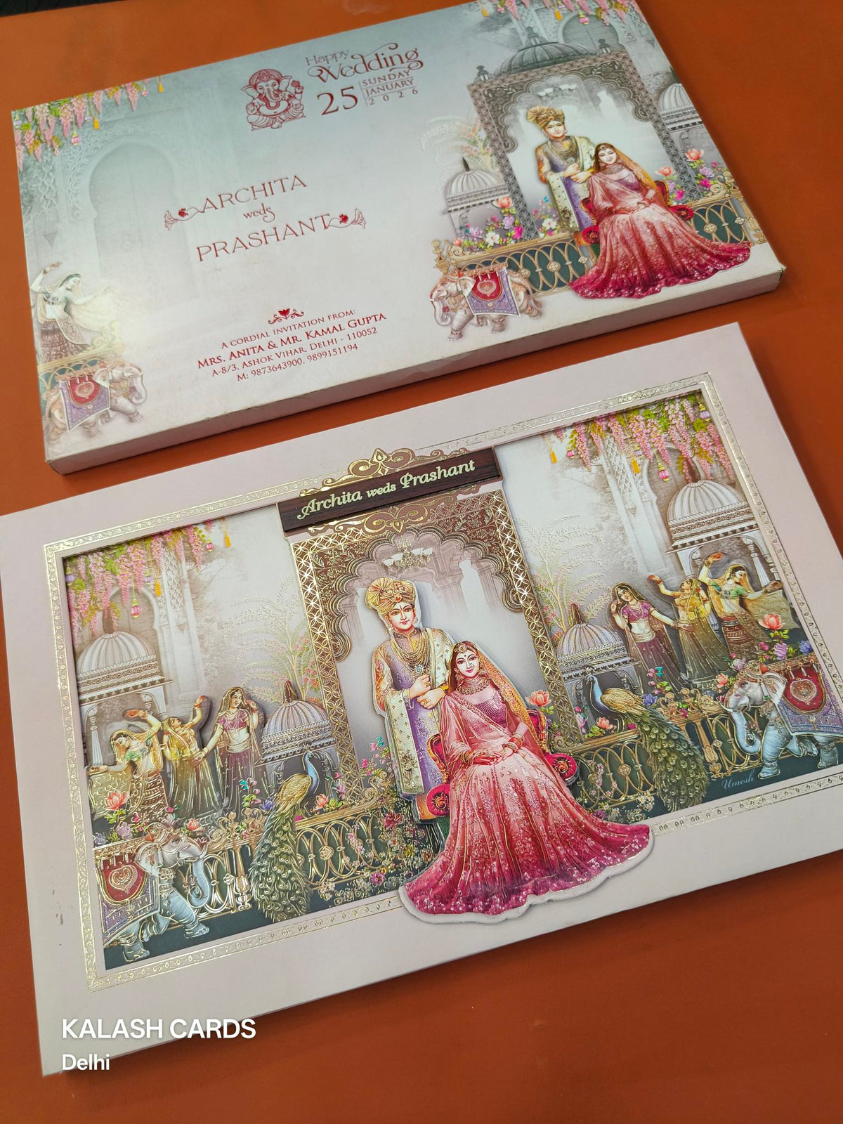 KLB629 Royal Barat Theme Padding Hardboard Thick Wedding Card (2 Thick Page & Couple Name Plate)-Kalash Cards