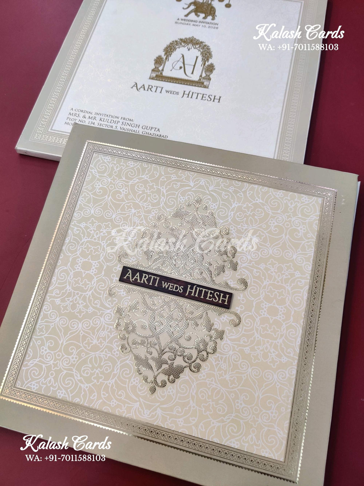 KLB632 Traditional Indian Design Padding Hardboard Thick Wedding Card (2 Page)-Kalash Cards