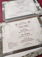 KLB633 Grey Floral Design Padding Hardboard Thick Wedding Card (2 Page)-Kalash Cards