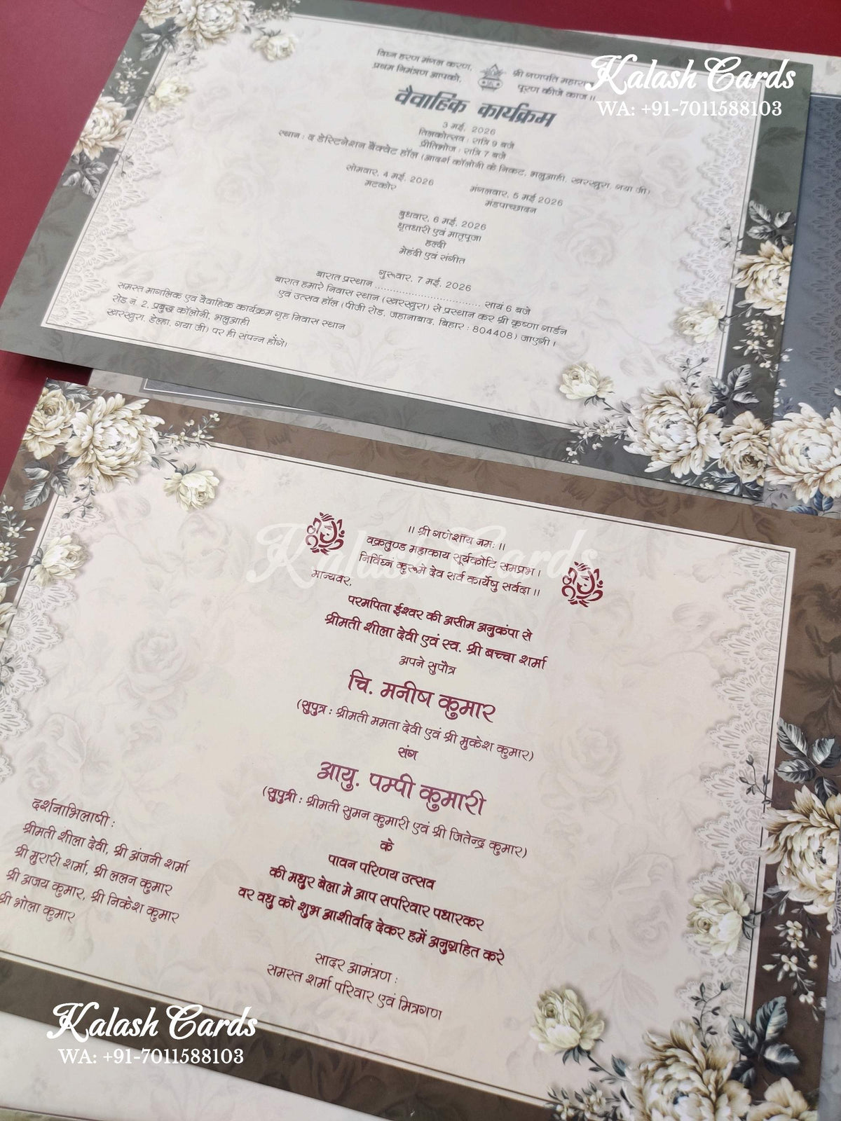 KLB633 Grey Floral Design Padding Hardboard Thick Wedding Card (2 Page)-Kalash Cards
