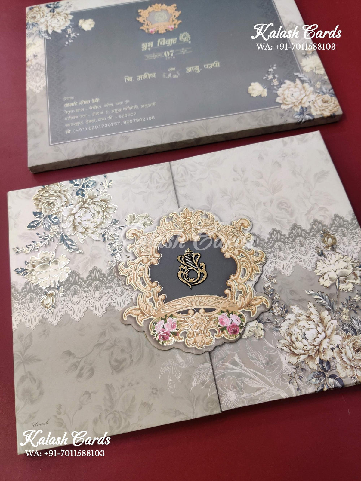 KLB633 Grey Floral Design Padding Hardboard Thick Wedding Card (2 Page)-Kalash Cards