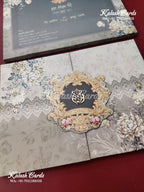 KLB633 Grey Floral Design Padding Hardboard Thick Wedding Card (2 Page)-Kalash Cards