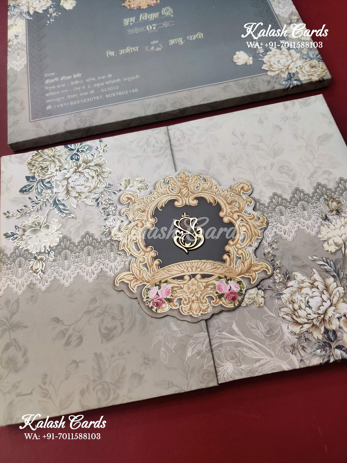 KLB633 Grey Floral Design Padding Hardboard Thick Wedding Card (2 Page)-Kalash Cards