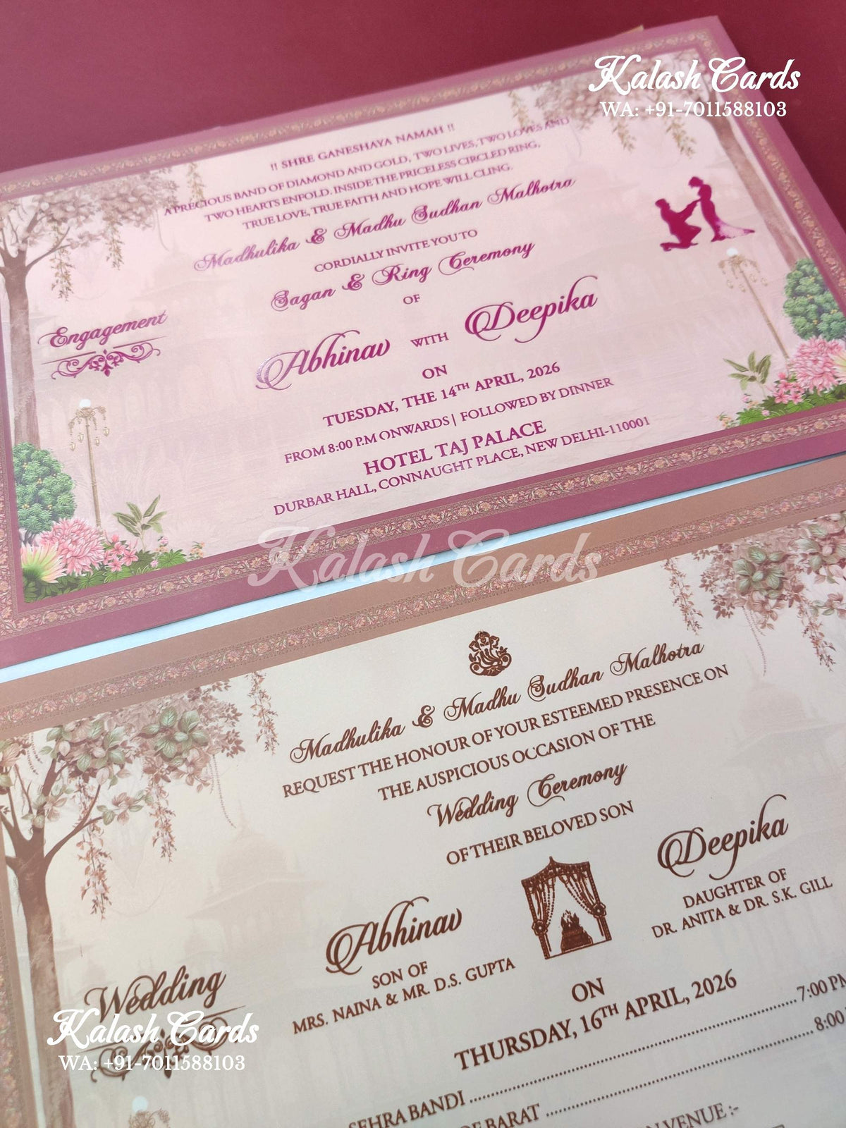 KLB634 Traditional Indian Barat Padding Hardboard Thick Wedding Card (2 Page & Couple Name Acrylic Plate)-Kalash Cards