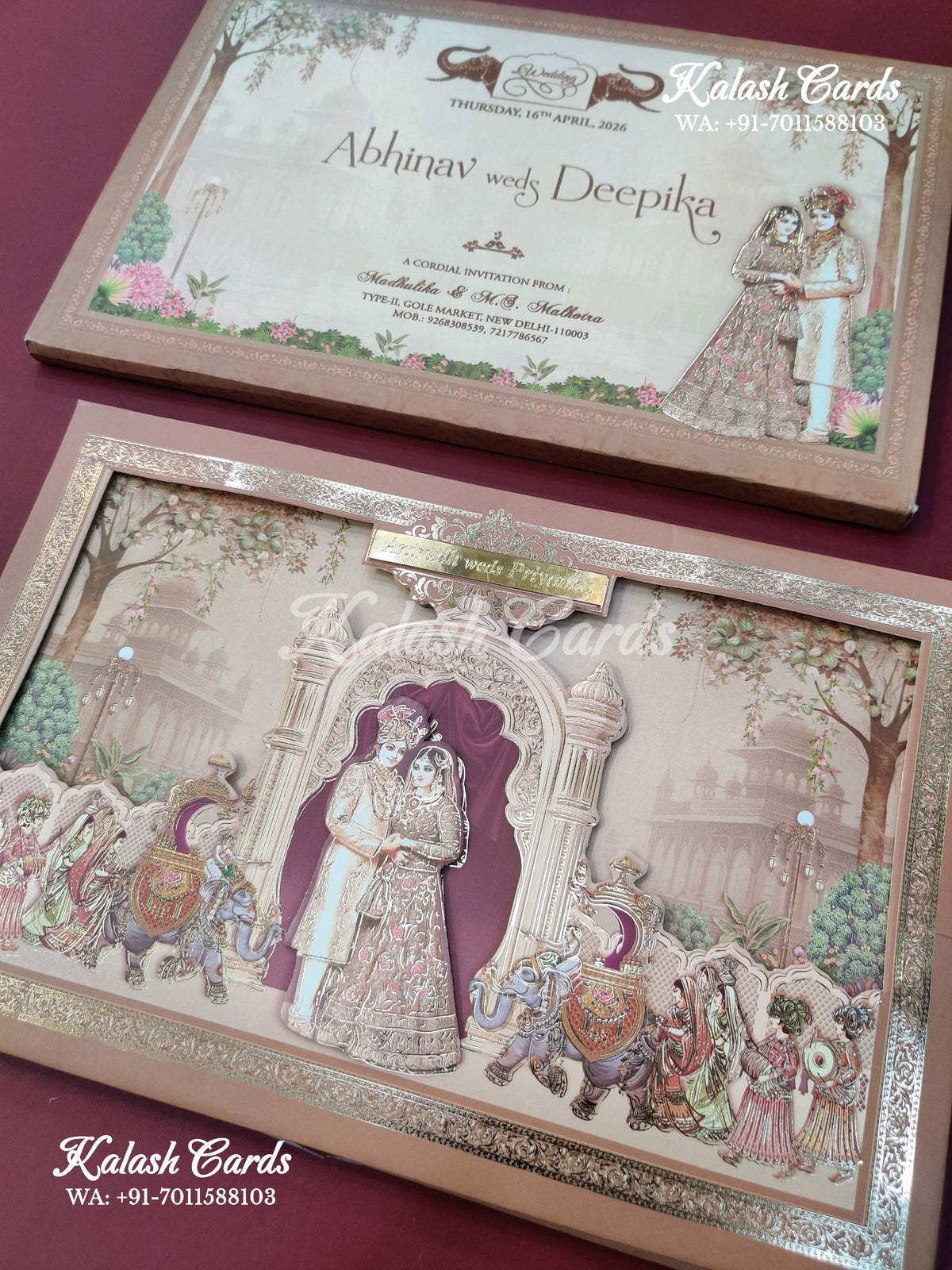 KLB634 Traditional Indian Barat Padding Hardboard Thick Wedding Card (2 Page & Couple Name Acrylic Plate)-Kalash Cards