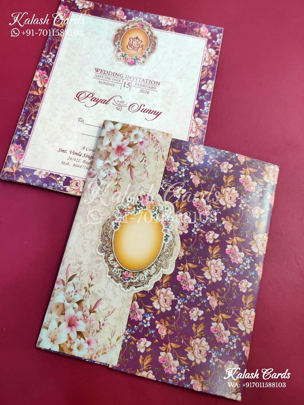 KLB645 Floral Design Semi Box Wedding Card (2 Page)-Kalash Cards