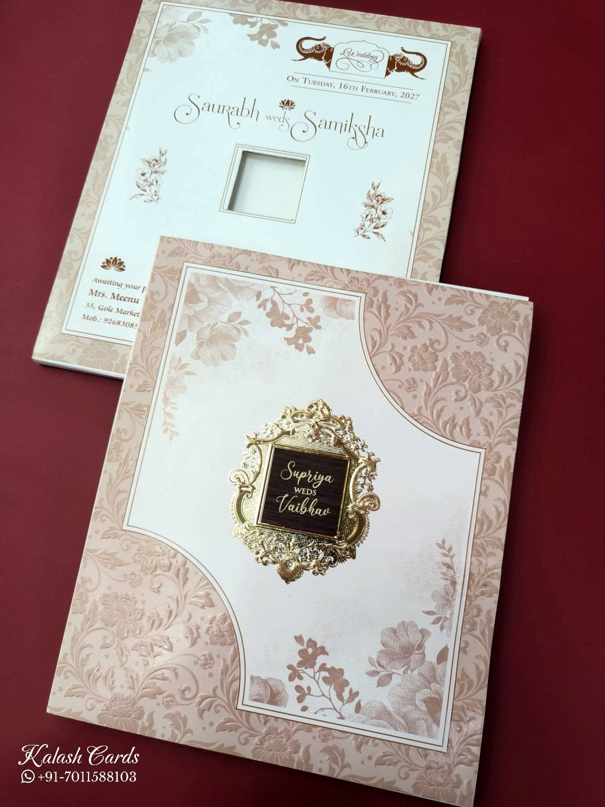 KLB646 Floral Design Brown Color Embossed Semi Box Wedding Card (2 Page & 1 Couple Name Wooden Plate)