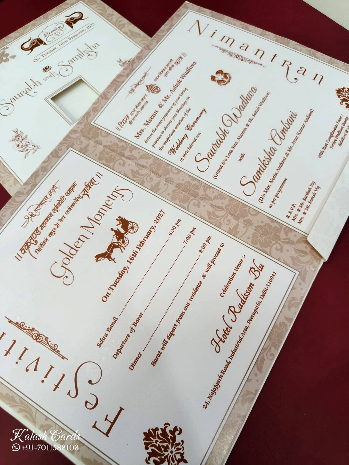 KLB646 Floral Design Brown Color Embossed Semi Box Wedding Card (2 Page & 1 Couple Name Wooden Plate)