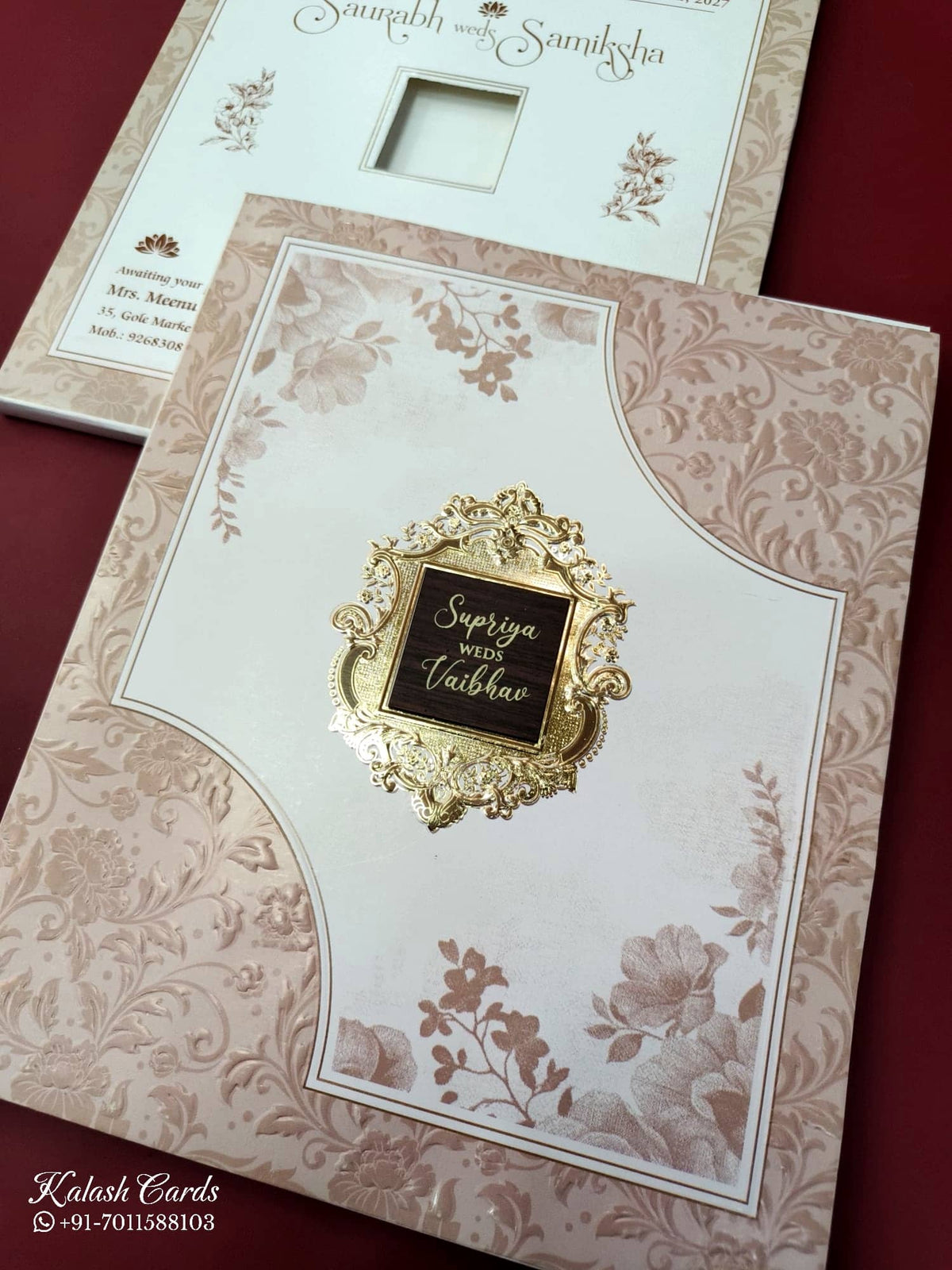 KLB646 Floral Design Brown Color Embossed Semi Box Wedding Card (2 Page & 1 Couple Name Wooden Plate)