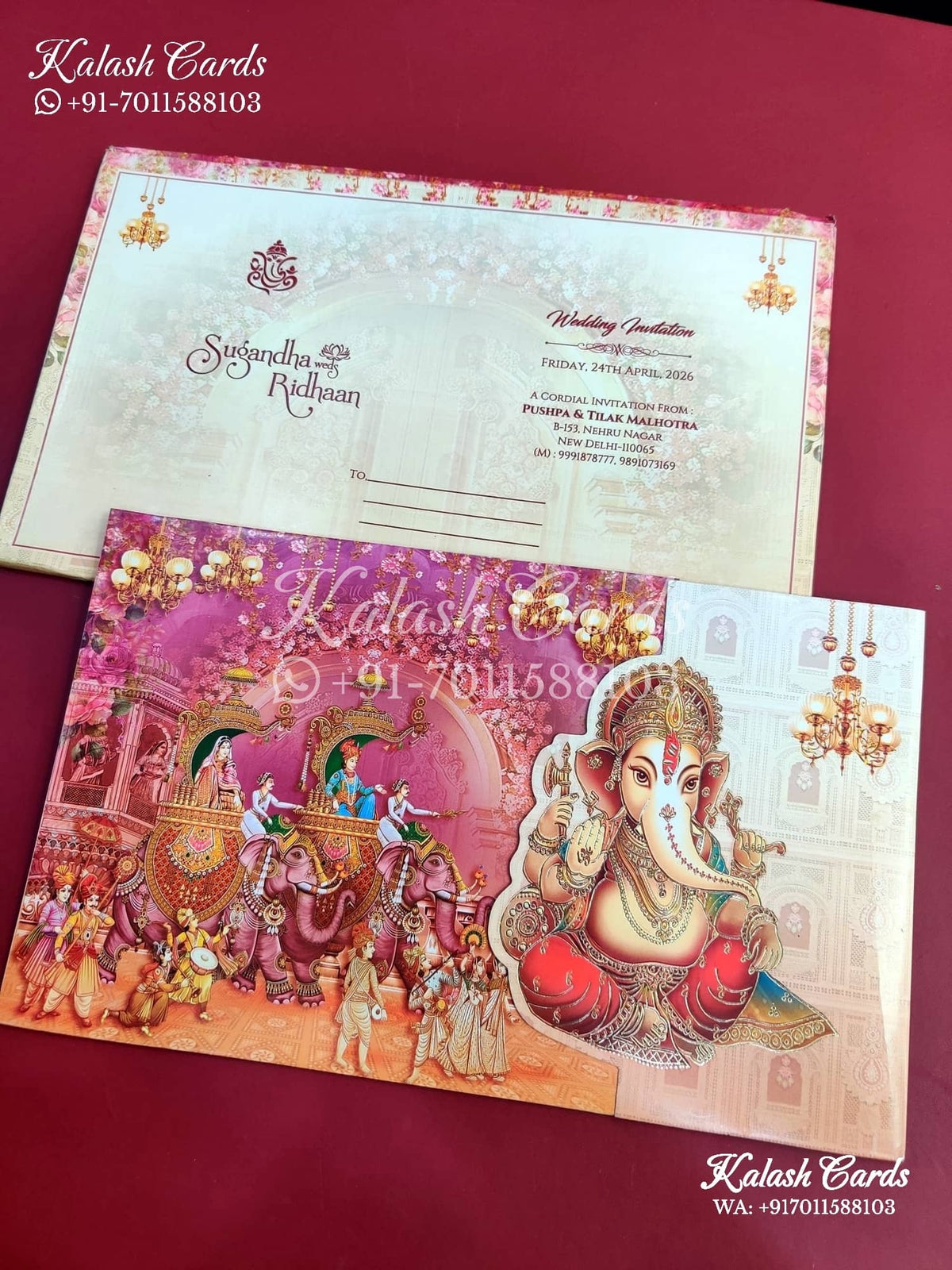 KLB654 Ganesh Theme Semi Box Wedding Card (2 Pages)-Kalash Cards