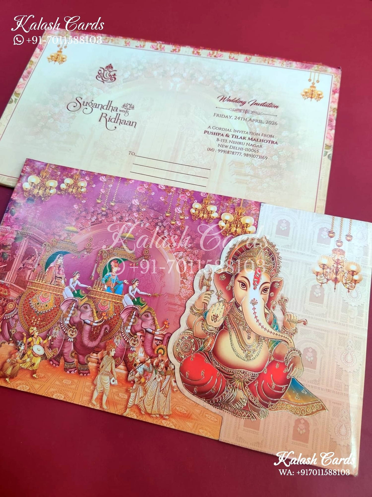 KLB654 Ganesh Theme Semi Box Wedding Card (2 Pages)-Kalash Cards
