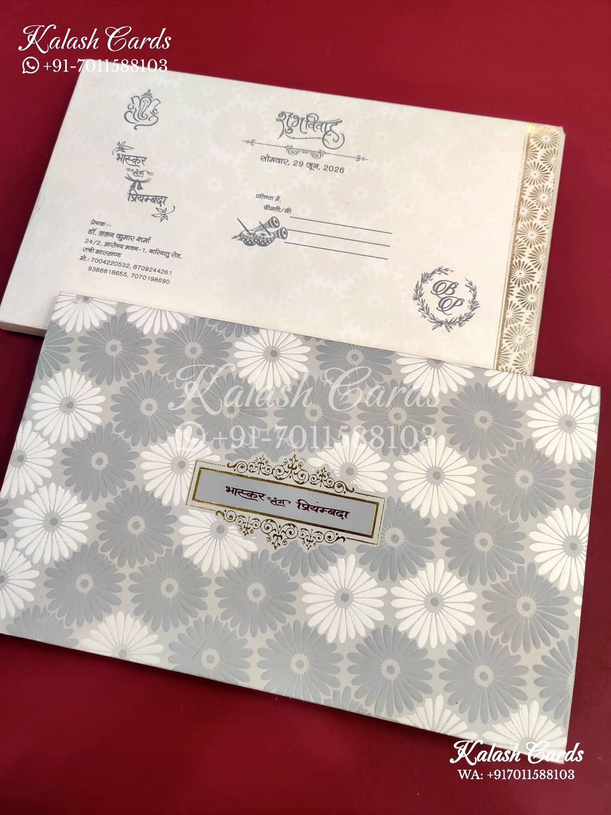 KLB661 White Grey Floral Theme Semi Box Wedding Card (2 Pages)-Kalash Cards