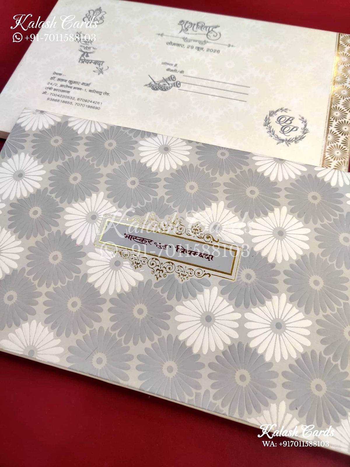 KLB661 White Grey Floral Theme Semi Box Wedding Card (2 Pages)-Kalash Cards