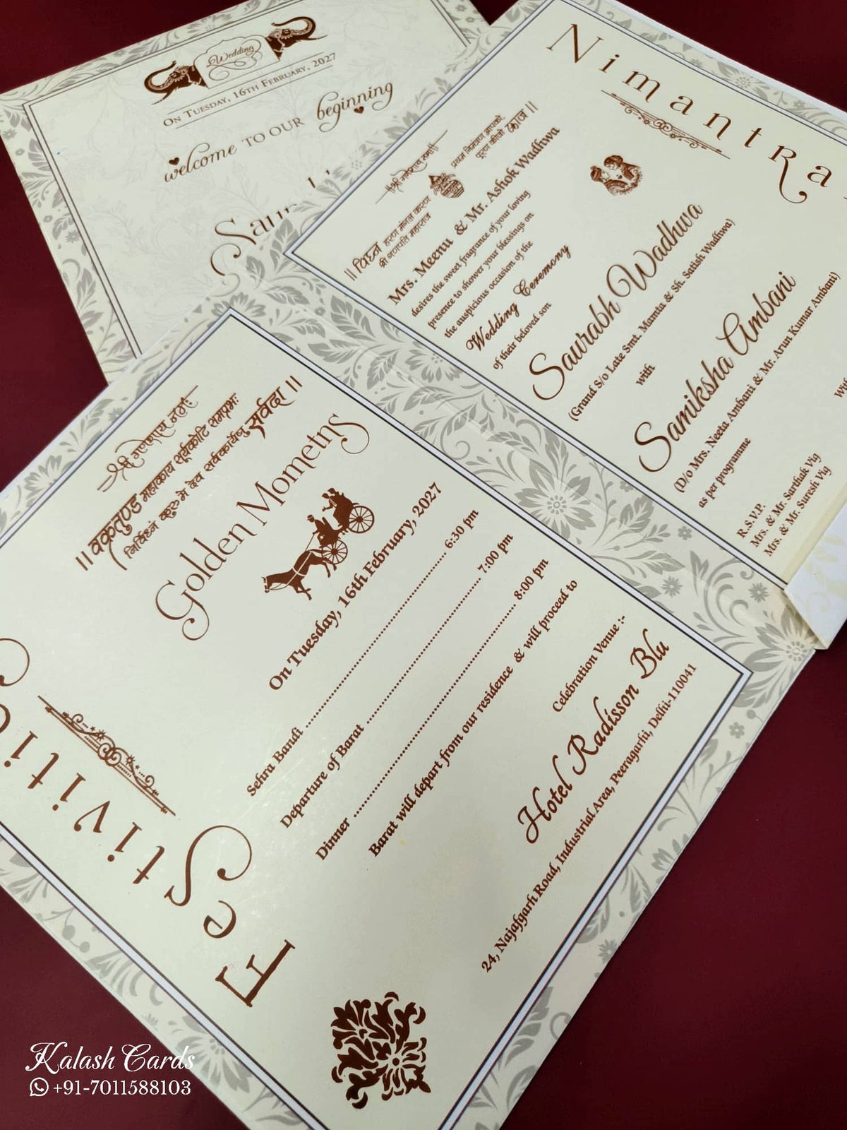 KLB665 Floral Traditional Design Creme Grey Color Embossed Semi Box Wedding Card (2 Page & 1 Couple Name Wooden Plate)