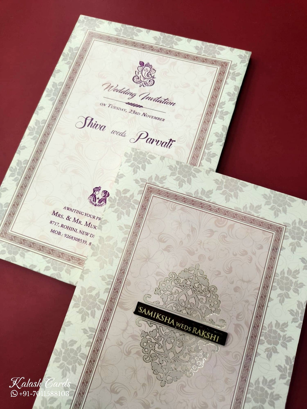 KLB666 Floral Traditional Design Green Pink Color Semi Box Wedding Card (2 Page & 1 Couple Name Wooden Plate)