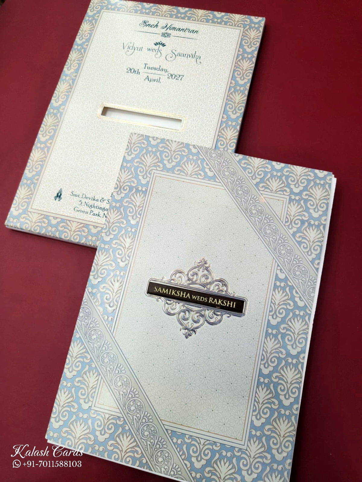 KLB670 Floral Traditional Design Blue Color Embossed Semi Box Wedding Card (2 Page & 1 Couple Name Wooden Plate)