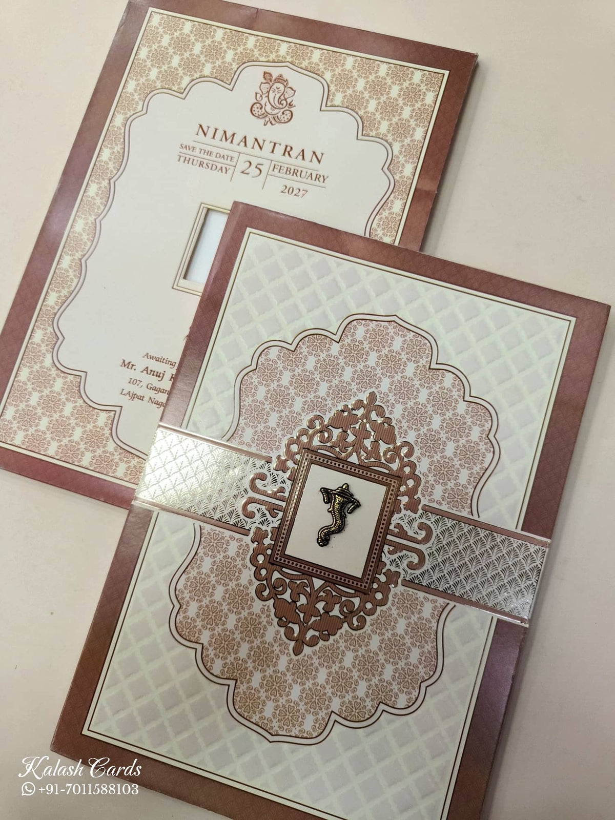 KLB672 Traditional Design Brown Color Embossed Semi Box Wedding Card (2 Page)