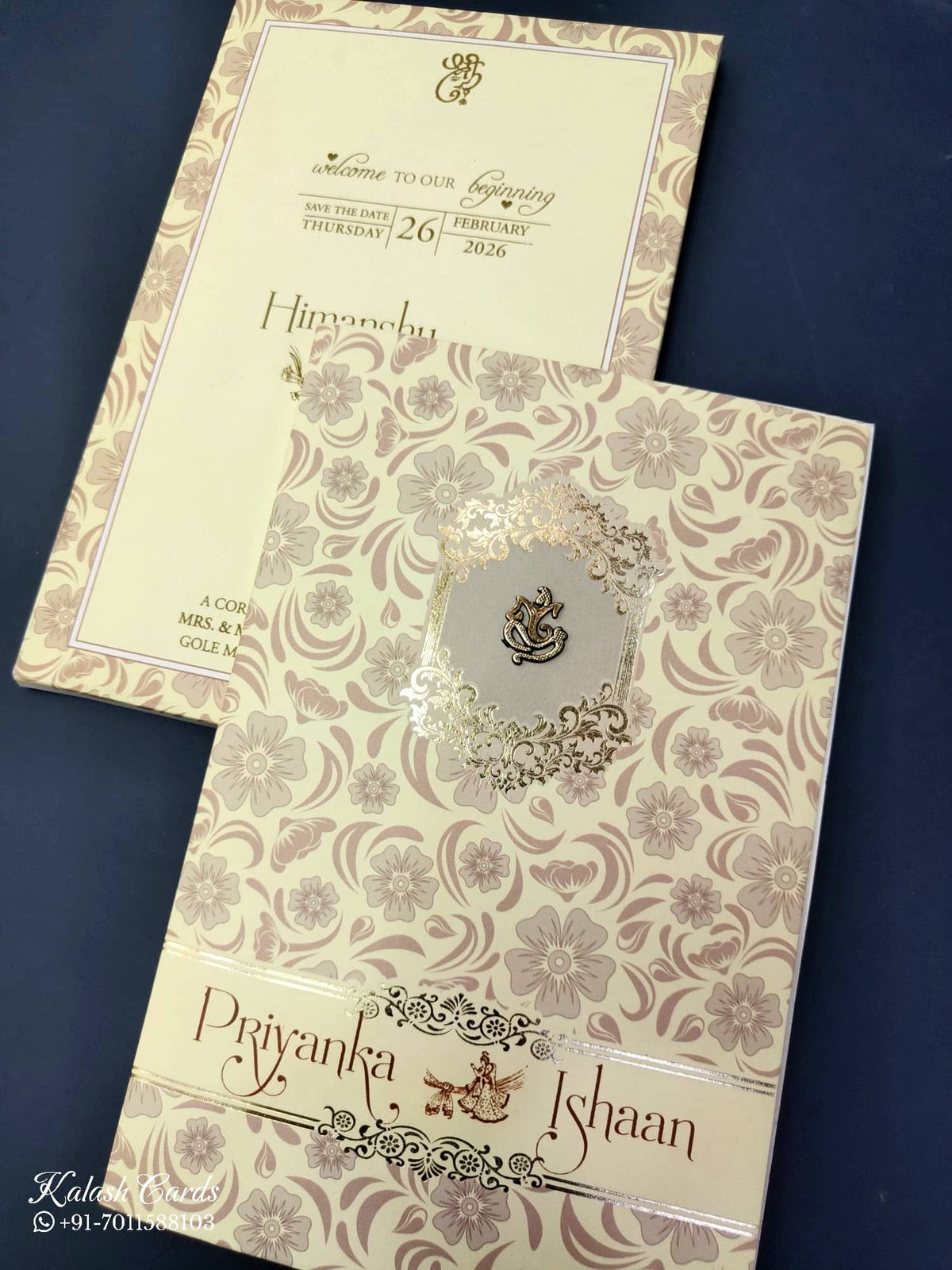 KLB674 Floral Design Yellow Color Semi Box Wedding Card (2 Page)