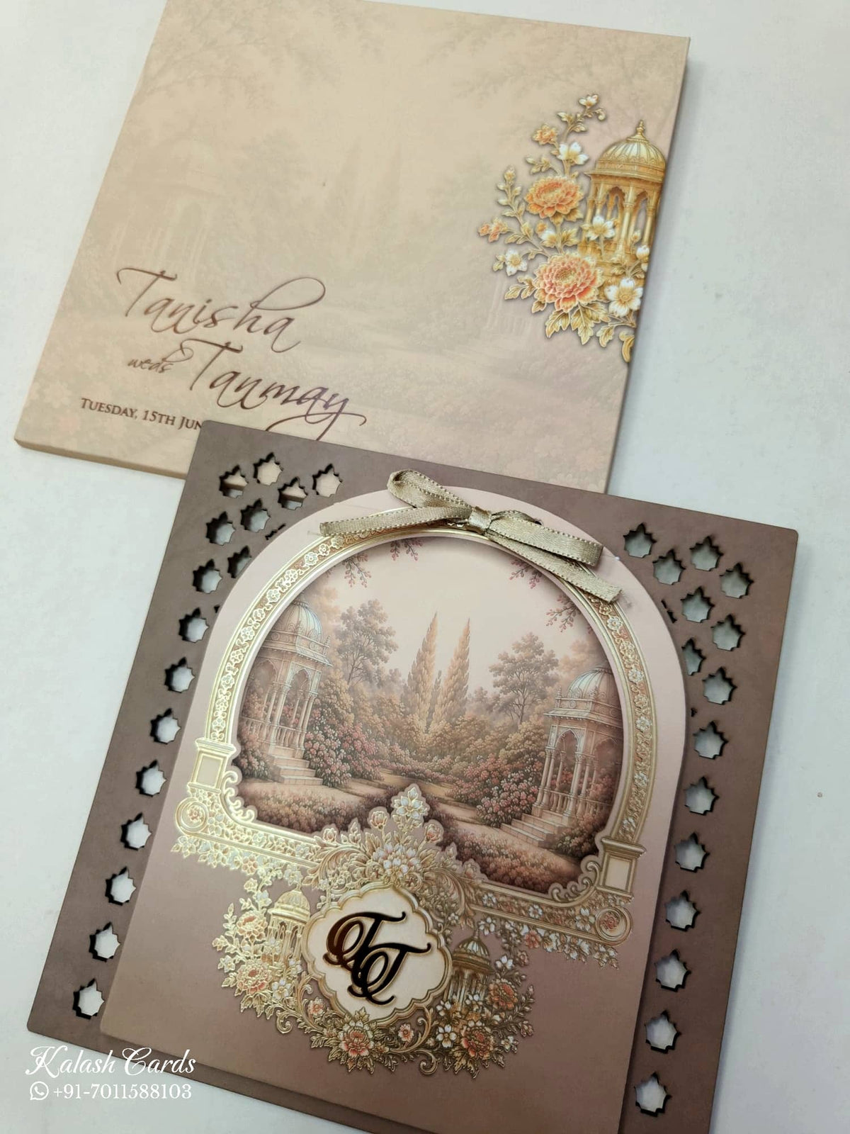 KLB675 Royal Fort Design Brown Color MDF Thick Wedding Card (2 Page & 1 Couple Name Acrylic)