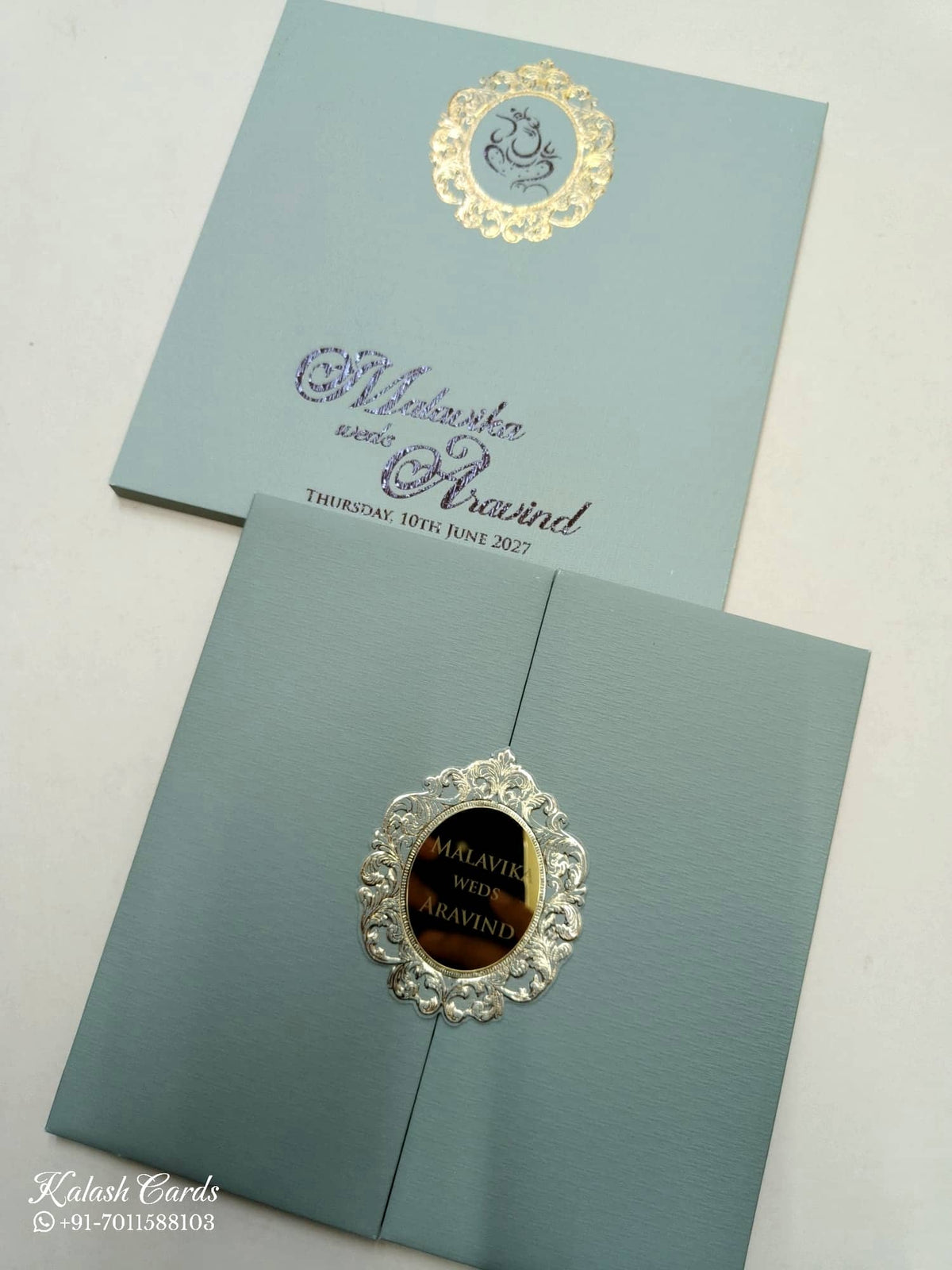 KLB705 Green Grey Color Leatherette Double Door Style Hardboard Padding Thick Wedding Card (2 Page & Couple Initial Acrylic)