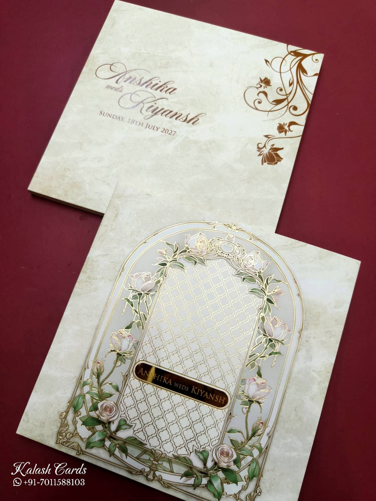 KLB706 Floral Design White Green Color Hardboard Padding Thick Wedding Card (2 Page & Couple Name Acrylic)