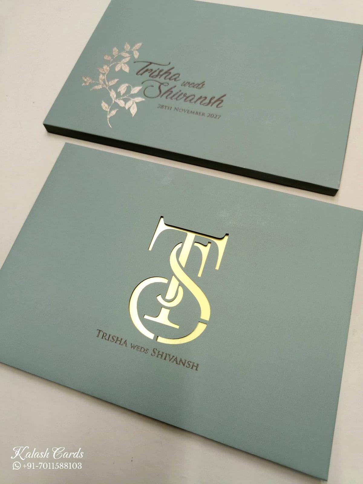 KLB713 Green Grey Golden Color Laser Cut Leatherette Hardboard Padding Thick Wedding Card (2 Page)