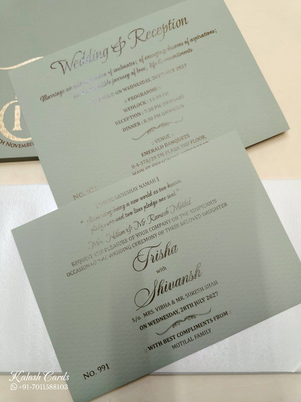 KLB718 Floral Design White Green Color Laser Cut Leatherette Hardboard Padding Thick Wedding Card (2 Page & Couple Initial Acrylic)