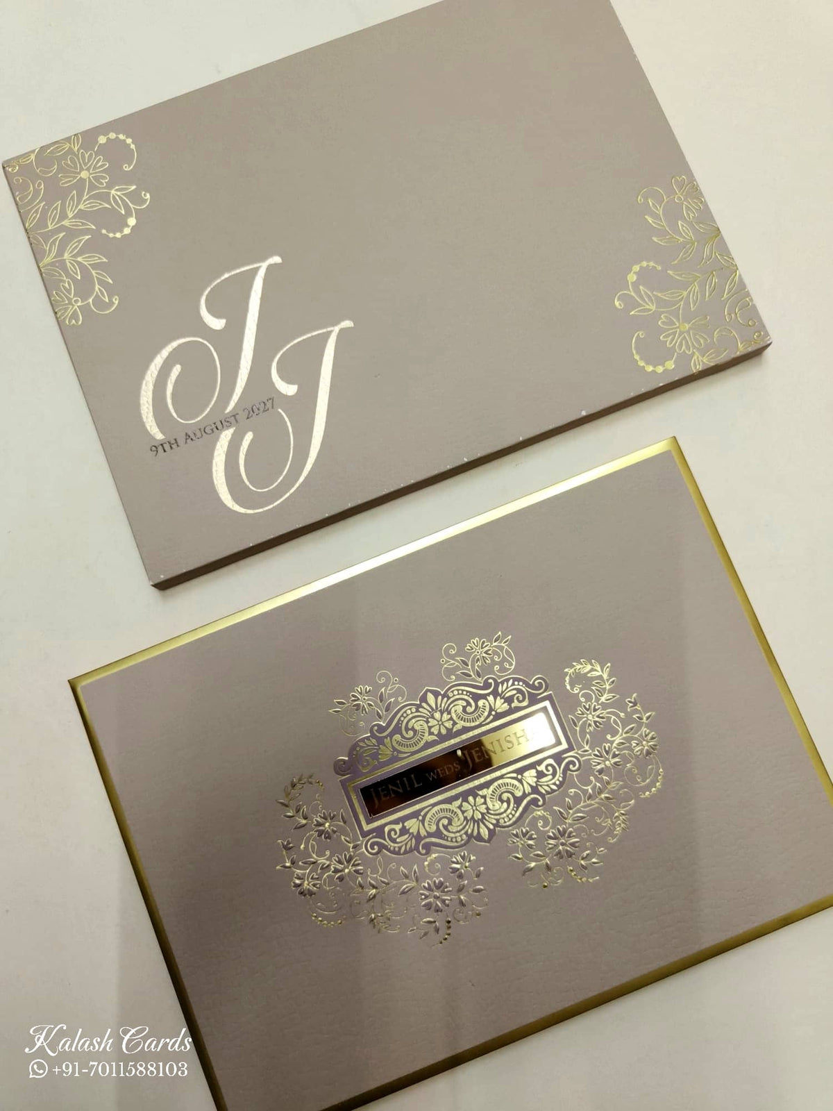 KLB719 Floral Design Brown Golden Color Leatherette Hardboard Padding Thick Wedding Card (2 Page & Couple Name Acrylic)
