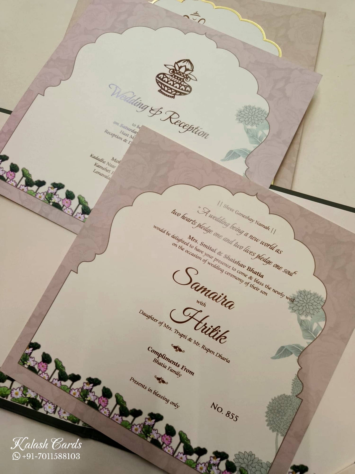 KLB730 Lotus Peacock Design Green Color Laser Cut Hardboard Padding Thick Wedding Card (2 Page & Couple Initial Acrylic)