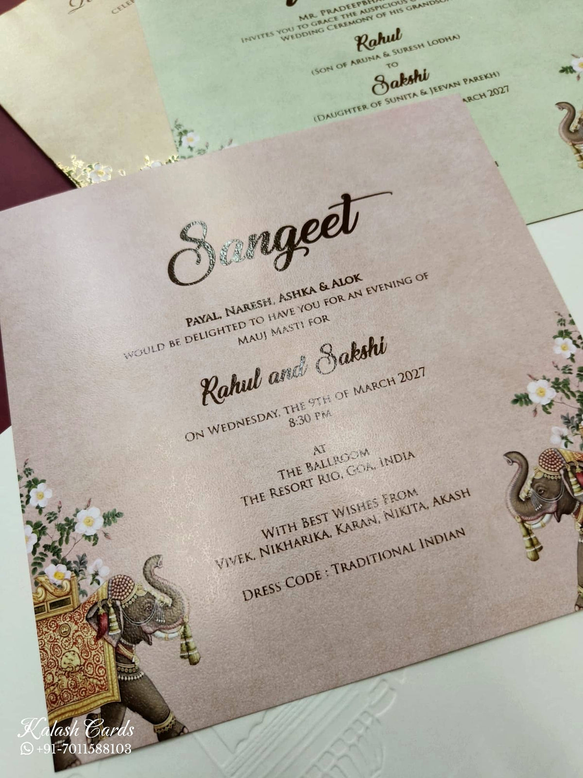 KLB737 Elephant Design Creme Color Semi Box Wedding Card (2 Page & Couple Initial Acrylic)