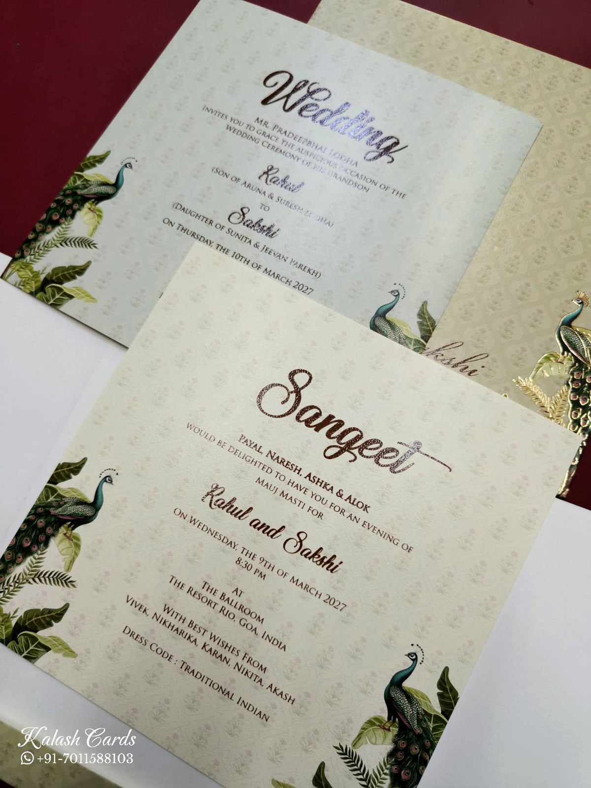 KLB746 Peacock Design Creme Color Embossed Semi Box Wedding Card (2 Page & Couple Name Acrylic)