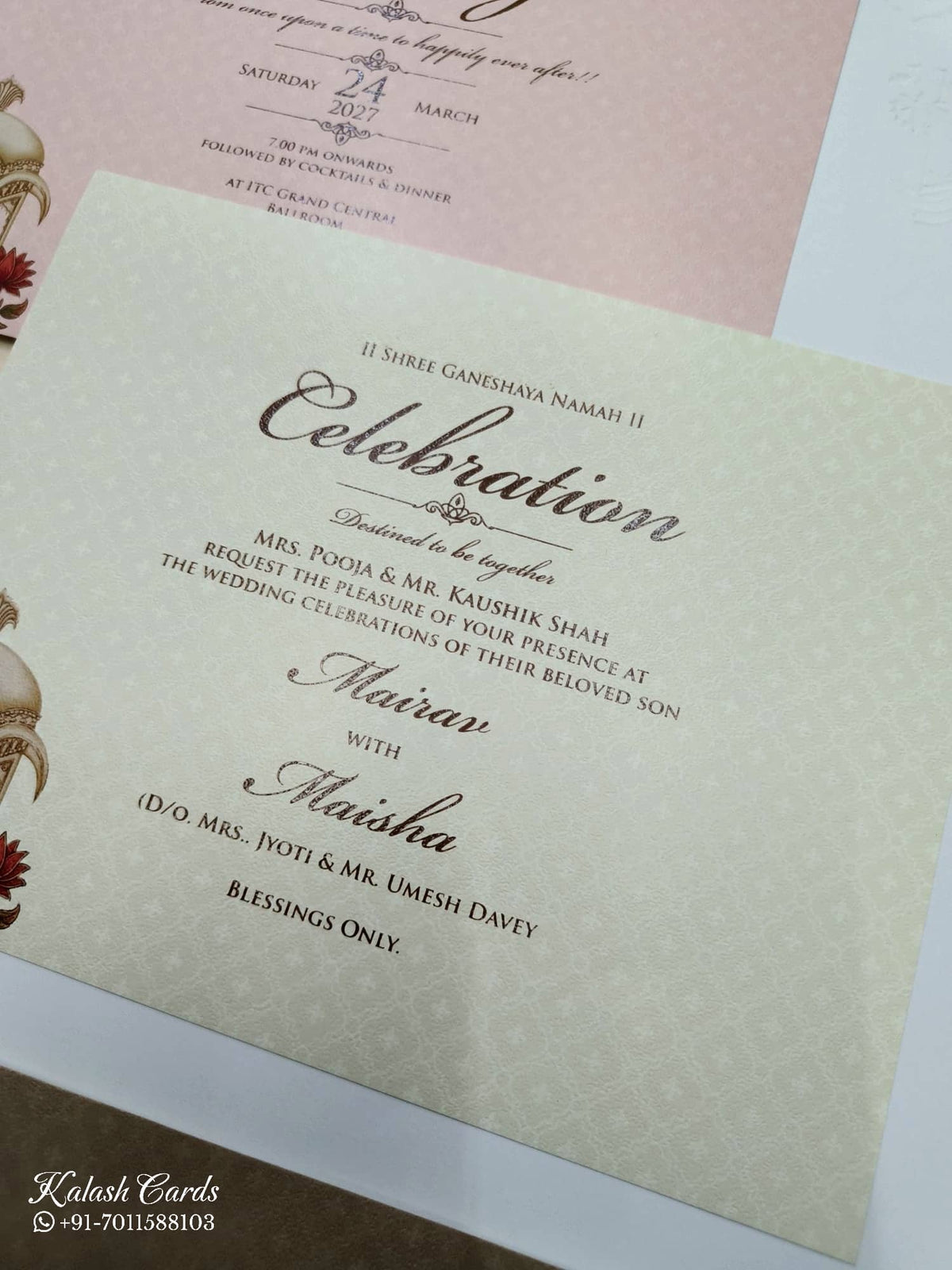 KLB755 Royal Fort Lotus Design Brown Color Embossed Semi Box Wedding Card (2 Page & Couple Name Acrylic)