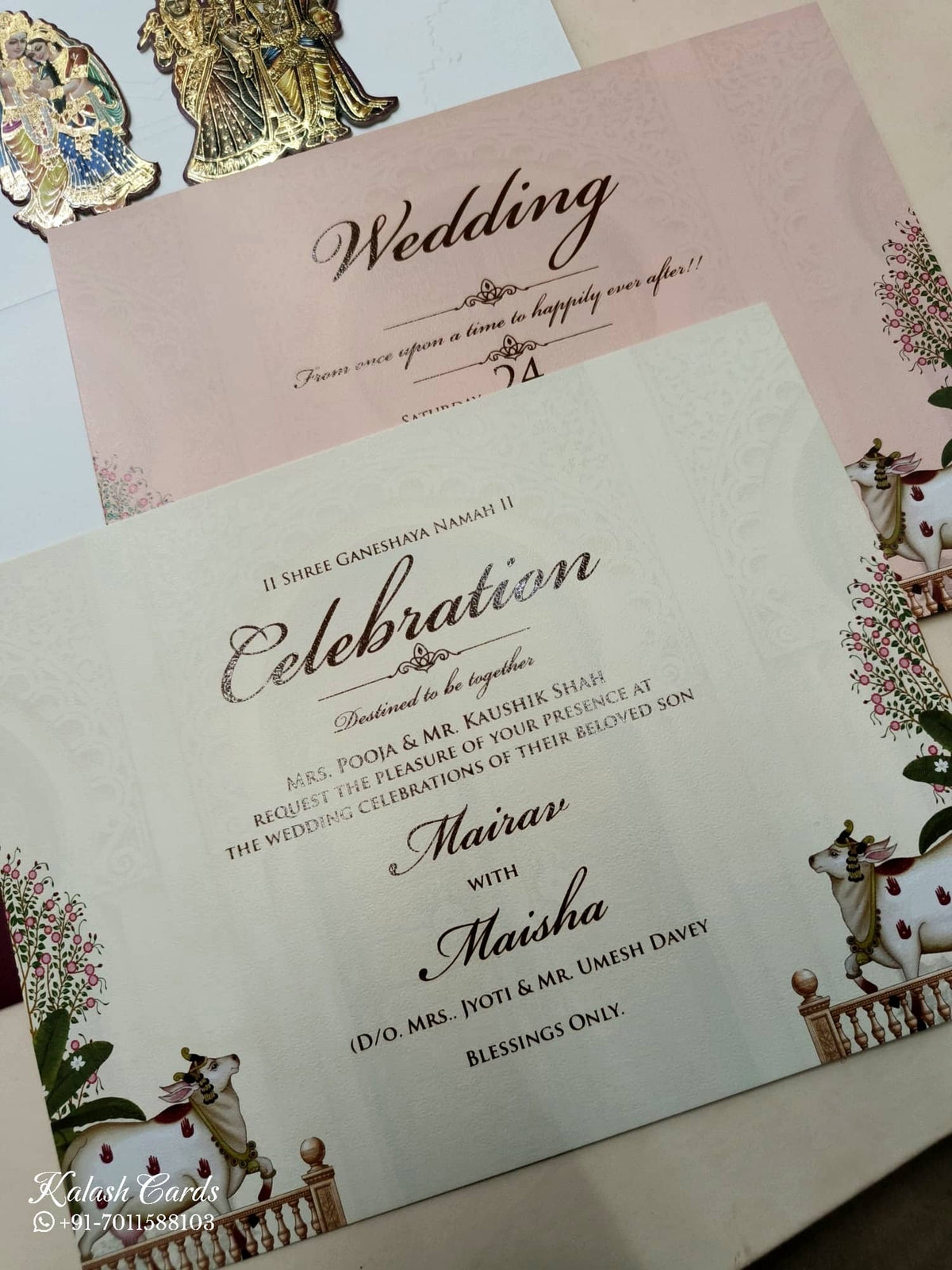 KLB758 Pichwai Design Maroon Color Embossed Semi Box Wedding Card (2 Page)