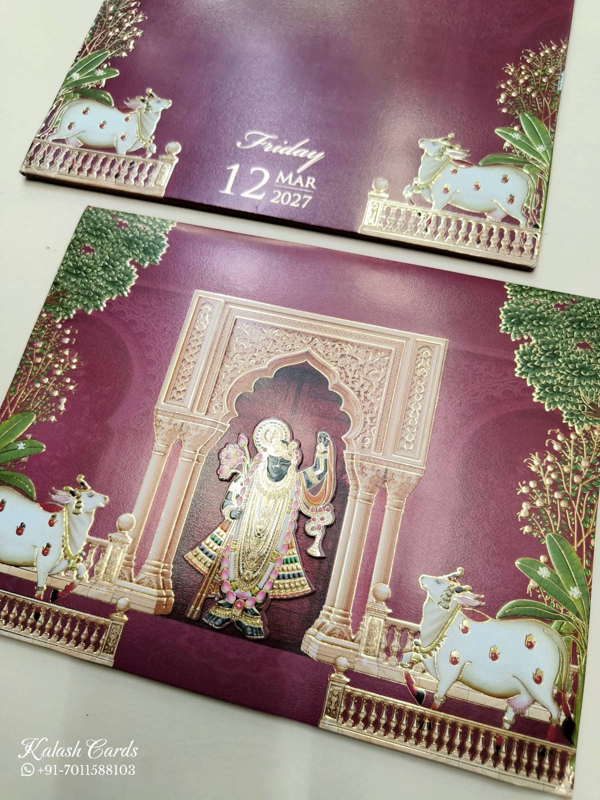 KLB758 Pichwai Design Maroon Color Embossed Semi Box Wedding Card (2 Page)