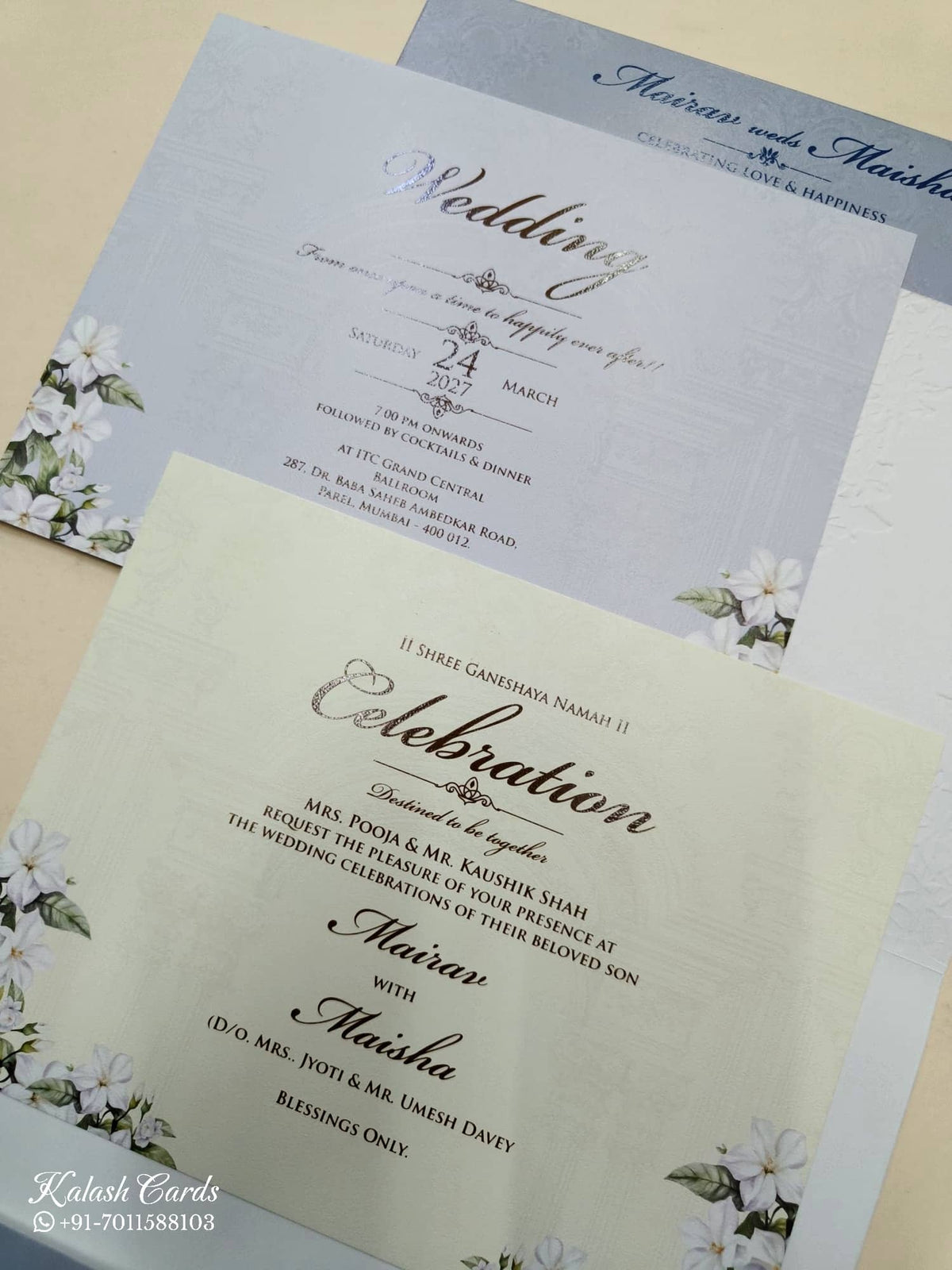 KLB759 Floral Design Blue Color Embossed Semi Box Wedding Card (2 Page & Couple Name Acrylic)