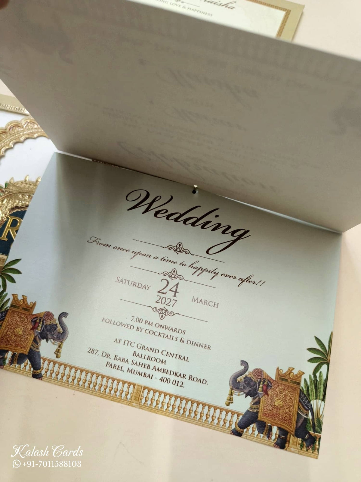 KLB768 Royal Fort Elephant Design Blue Golden Color Laser Cut Semi Box Wedding Card (2 Page & Couple Initial Acrylic)