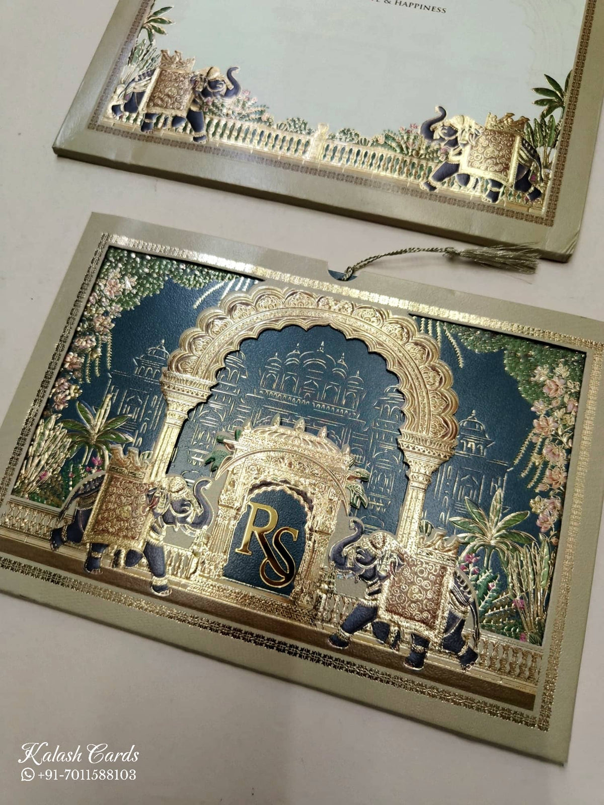 KLB768 Royal Fort Elephant Design Blue Golden Color Laser Cut Semi Box Wedding Card (2 Page & Couple Initial Acrylic)