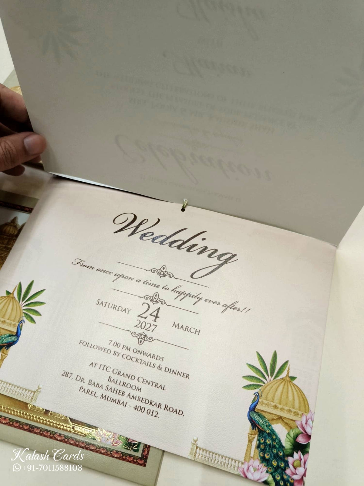 KLB769 Royal Fort Peacock Design Maroon Golden Color Laser Cut Semi Box Wedding Card (2 Page & Couple Name Acrylic)